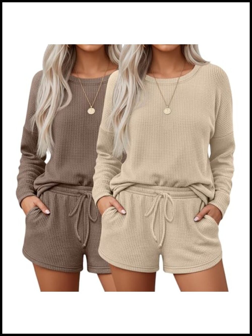 Waffle Knit Pajama Set 2 Pack Long Sleeve Top Drawstring Shorts Pockets